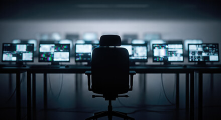 Dark surveillance environment with multiple monitors and empty office chair, concept of security, monitoring, or technology.