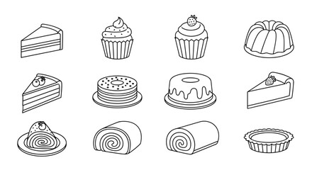 Collection of various cake icons in a thin, editable stroke style, suitable for web, books, cards, and apps. This vector cartoon illustration features a variety of desserts including slices of cake