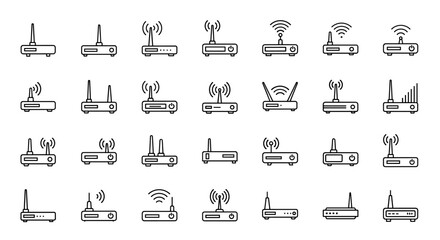 Set of thin Wi-Fi router icons, editable stroke, perfect for websites, books, cards, and apps. Vector cartoon illustration on a white background, representing connectivity and technology.