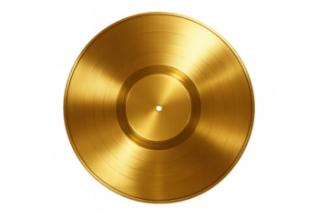 Golden vinyl record representing music industry success, sales achievement, and top chart album award on transparent background