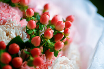 Macro shot of vibrant red hypericum berries with peach and pink carnations and white hydrangeas in a romantic floral bouquet
