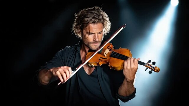 Elegant male musician delivers passionate violin performance stage, creating emotional music