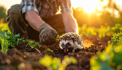 Caring for nature's creatures, a gardener in gloves finds a wild hedgehog among the vegetable patch at sunrise, symbolizing harmony with wildlife