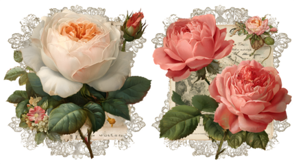 Romantic vintage collage art set with roses, faded photos, and lace patterns for nostalgic design isolated on white background