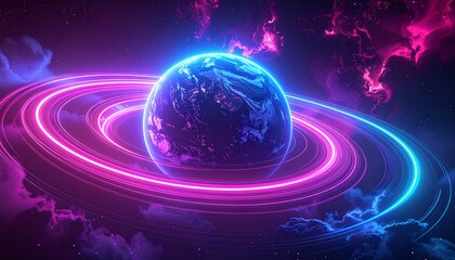 Cosmic Planet A stunning visualization of a neon-lit world amidst swirling nebulae and rings in space