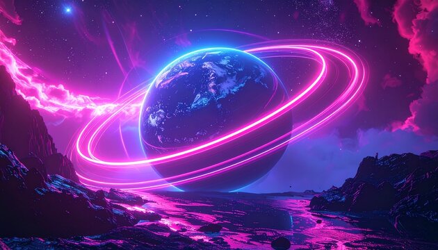 An ethereal view of a futuristic planet with bright neon rings set against a backdrop of a vibrant purple and pink nebula - Powered by Adobe