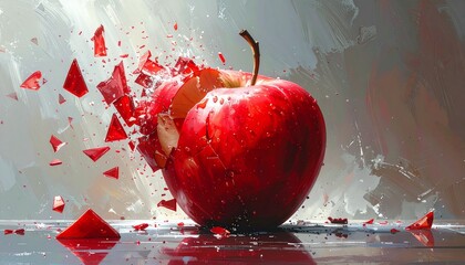 Surreal digital painting of a perfect red apple violently exploding into sharp, glass-like shards on a reflective surface