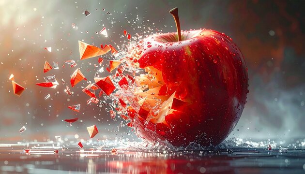 The powerful explosion of a crisp red apple, its essence shattering into abstract particles of light and energy on a reflective surface