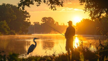 Serene sunrise fishing A lone angler and a great blue heron share a tranquil misty lake, bathed in the golden light of dawn amidst beautiful natural surroundings