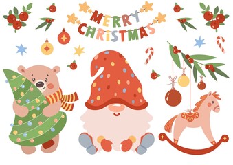A cute Christmas clipart set featuring a gnome, bear with Christmas tree, toys, ornaments and holiday elements. Merry Christmas! Perfect for greeting cards, invitations, posters, and festive designs