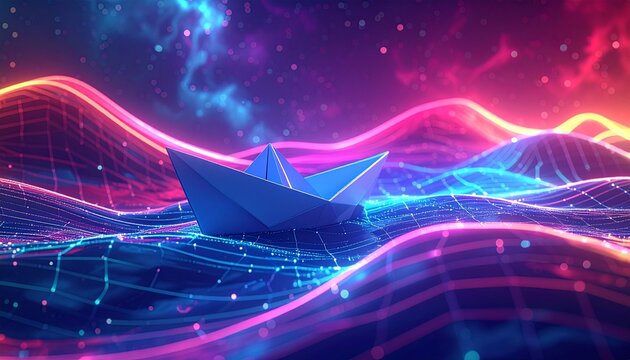 A solitary paper boat embarks on a surreal journey, navigating the glowing neon waves of a vast digital ocean under a cosmic starlit sky