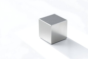 Fototapeta premium Generative AI metallic cube casting subtle shadow on white backdrop.