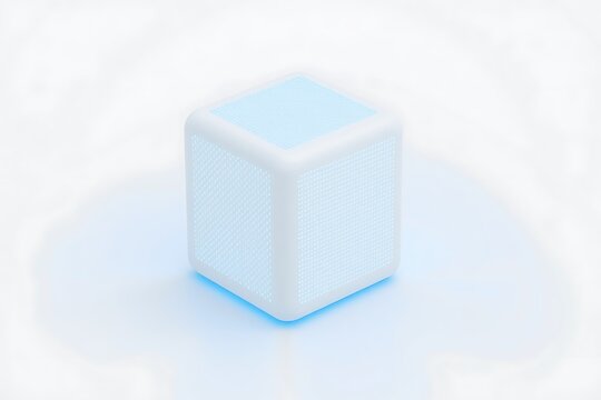 Generative AI minimalist cube emitting soft blue light, representing.