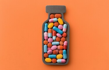 Silhouette of a bottle filled with colorful pills set against a bright orange background creates a striking visual