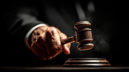 Judicial gavel striking wooden block in low-light courtroom setting with emphasis on texture and detail, symbolizing justice and authority in legal proceedings.