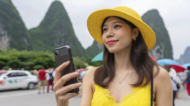 A woman in a yellow dress and hat takes photos in a vibrant rural village surrounded by stunning mountains
