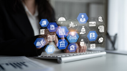 Loan icons represent debt, repayment, and financial planning. Loan supports banking, loan connects...