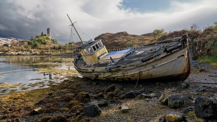 The Scottish ruins of Castle Moil in the background of a shipwreck in Kyleakin, UK