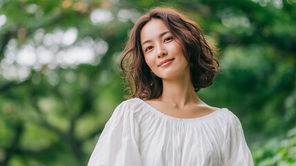 Naklejka premium 若い日本人女性が庭で微笑む