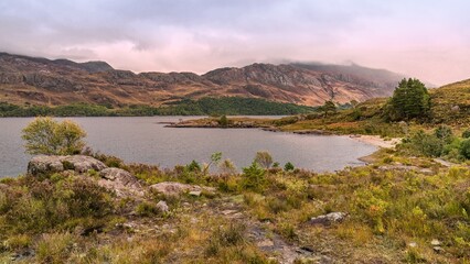 An early autumn Scottish morning hike along Loch Maree in Furnace, Achnasheen, UK