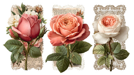 Romantic vintage collage art set with roses, faded photos, and lace patterns for nostalgic design isolated on white background