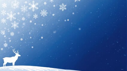 Winter Wonderland with Deer and Falling Snowflakes on Blue Background.