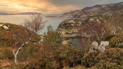 A hike along the trail in Scotland viewing Loch Shieldaig from Shieldaig, Strathcarron, UK