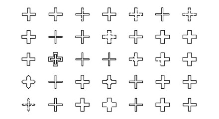 A collection of plus sign line icons, presented in a grid format on a black background, featuring variations in thickness and style, suitable for graphic design, web design, app interfaces