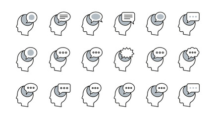 Collection of minimalistic black silhouette head icons with various speech bubbles inside, representing communication, ideas, thoughts, and dialogue. Ideal for web design, app interfaces, social