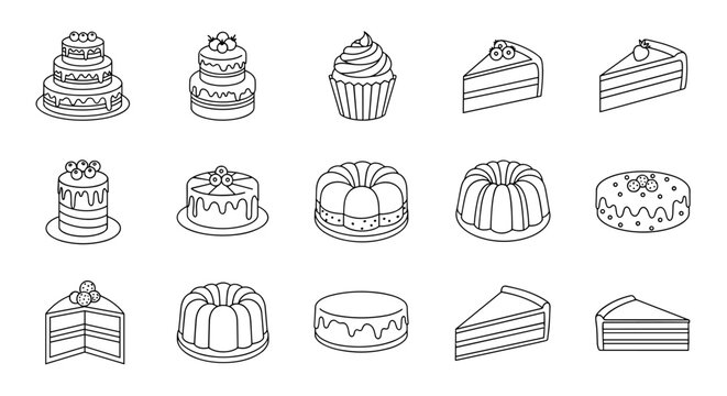 Collection of various cakes in a simple linear outline style, suitable for web sites, books, cards, and apps. This editable stroke vector cartoon illustration features a multi-tiered cake, cupcakes
