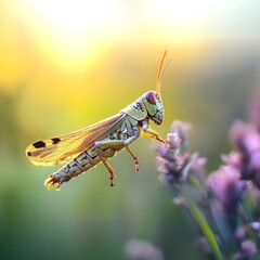 Grasshopper on lavender with soft yellow and purple light Photo