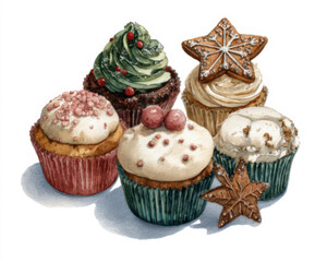 Assortment of five Christmas cookies and cupcakes in a group isolated on a plain white background. Watercolor style.