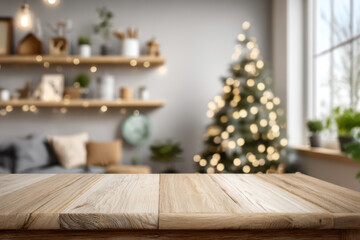 Empty wooden table top with a blurred background of a christmas tree and lights for a product display montage