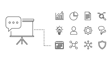 Presentation board with speech bubble line icon for websites, apps, infographics, and other purposes, vector cartoon illustration with a white background, representing ideas, communication, and