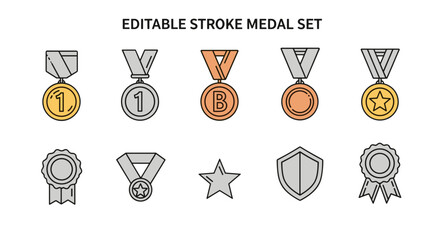 Editable stroke medal set, featuring gold, silver, and bronze awards with numbers 1, letters B and C, stars, shields, and rosettes, perfect for web, books, cards, and apps, presented as a vector