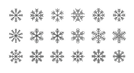 Collection of 15 thin line snowflake icons, perfect for winter-themed designs, web elements, book illustrations, greeting cards, and mobile applications. This vector cartoon illustration features