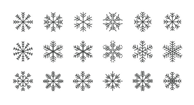 Collection of 15 thin line snowflake icons, perfect for winter-themed designs, web elements, book illustrations, greeting cards, and mobile applications. This vector cartoon illustration features