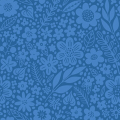 Seamless vector floral pattern with monochrome blue flowers and leaves in hand-drawn style. Modern minimal illustration perfect for textile prints, wallpaper, stationery and elegant packaging design.