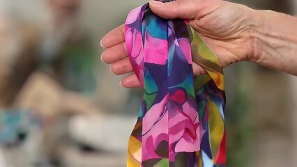 tightly framed perspective of a human hand grasping a vibrant  multicolored strip of fabric symbolizing spectrum of gender identities and sexual orientations  conceptualizing LGBTQ+ equality and