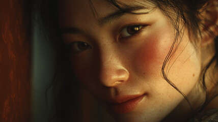 夕暮れの窓辺で女性がやさしく笑顔を浮かべる