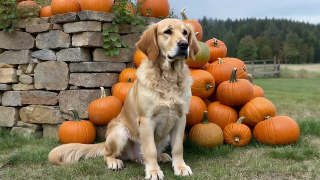 Golden Labradoodle Canine in a Seated Position Before an Assortment of Harvested Pumpkins in an Agricultural