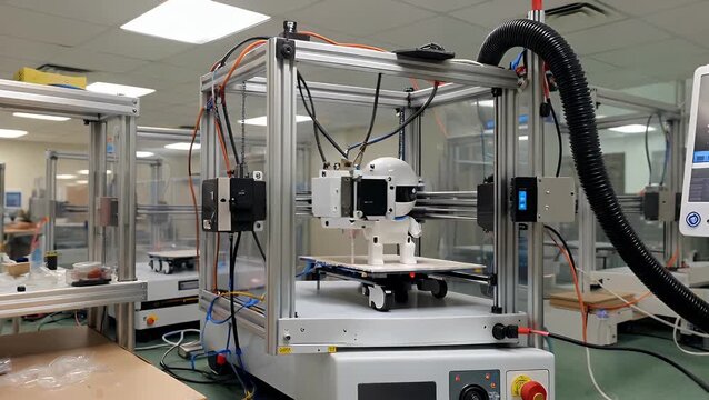 collection of white plastic objects that have been produced by an automatic three-dimensional printing machine  arranged on a surface with copy space  showcasing modern additive manufacturing