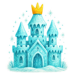 Fototapeta premium Blue, icy castle with snow, arched doors, and golden crown atop tallest tower
