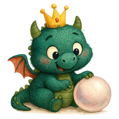 Cute emerald baby dragon with crown sits beside large ball