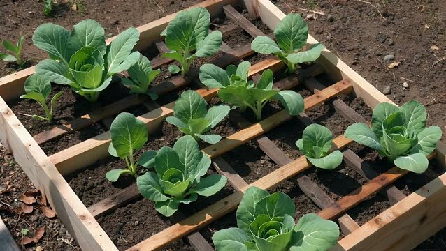 verdant  and organically cultivated leafy greens sprouting from a cultivated plot of soil within a structured garden