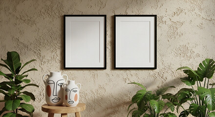 Bohemian Home Interior with Two Black Frame Mockups and Lush Green Plants