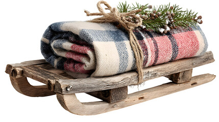 Rustic wooden sled decorated with plaid blanket and pine branches tied with jute rope isolated on white background