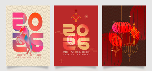 Modern Chinese New Year 2026 posters featuring elegant typography, horse illustration, and red lanterns symbolizing the Year of the Horse  perfect for festive greetings or holiday promotions. © hasan