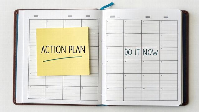 Open planner with sticky note for action plan and urgent tasks