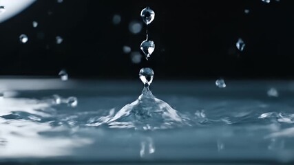 Macro Shot of a Single Water Droplet Falling into Clear Water Creating Ripples and Splashes Against a Dark Background with Subtle Lighting Enhancing